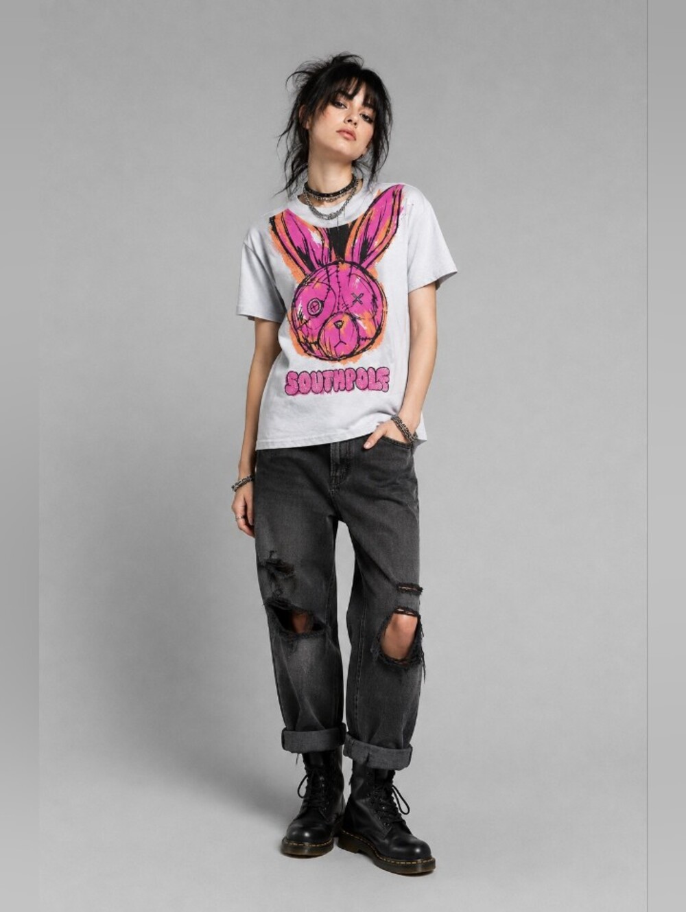 South Pole White Tee w Pink & Orange One-Eyed Bunny Graphic & Rhinestone Crystal